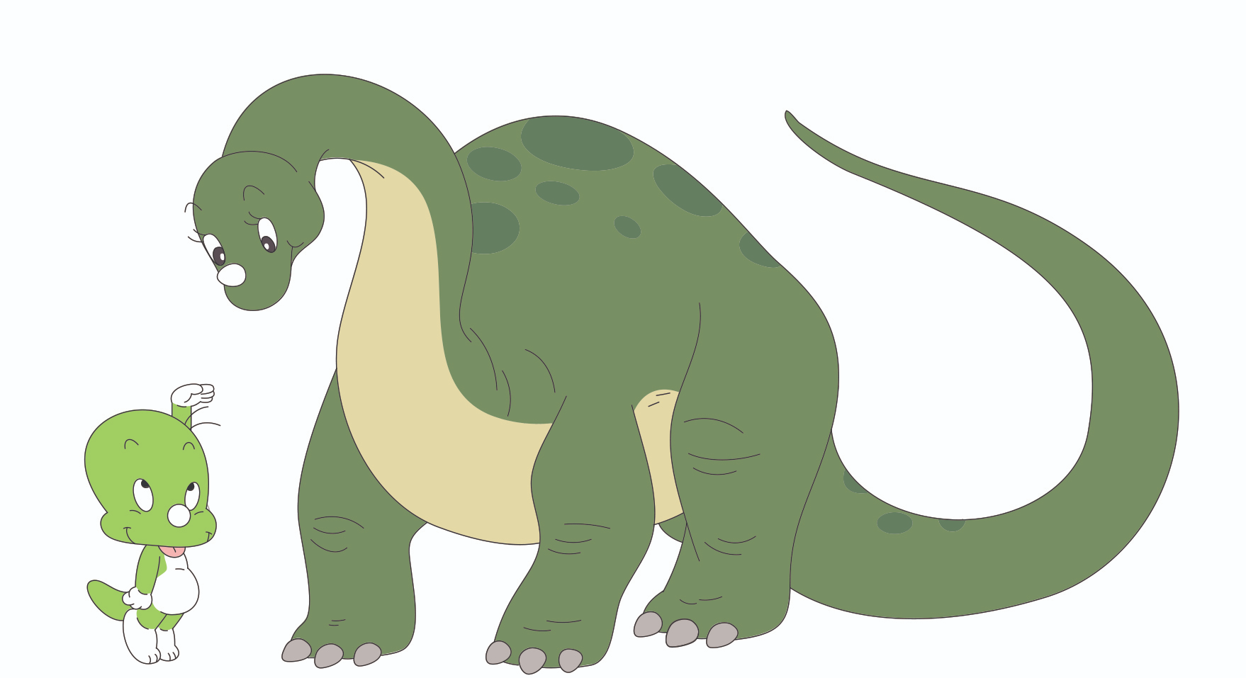 An image of Dooly and a considerably larger dinosaur